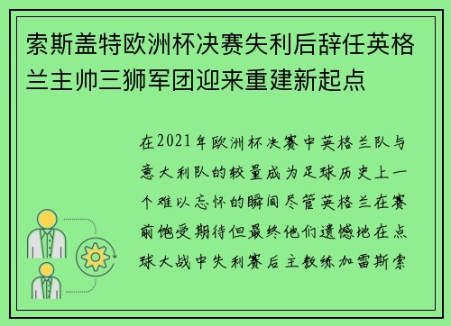 索斯盖特欧洲杯决赛失利后辞任英格兰主帅三狮军团迎来重建新起点